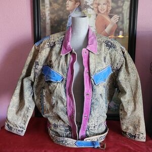 Vintage 90s Winlit acid wash denim jacket with pink and blue leather patchwork